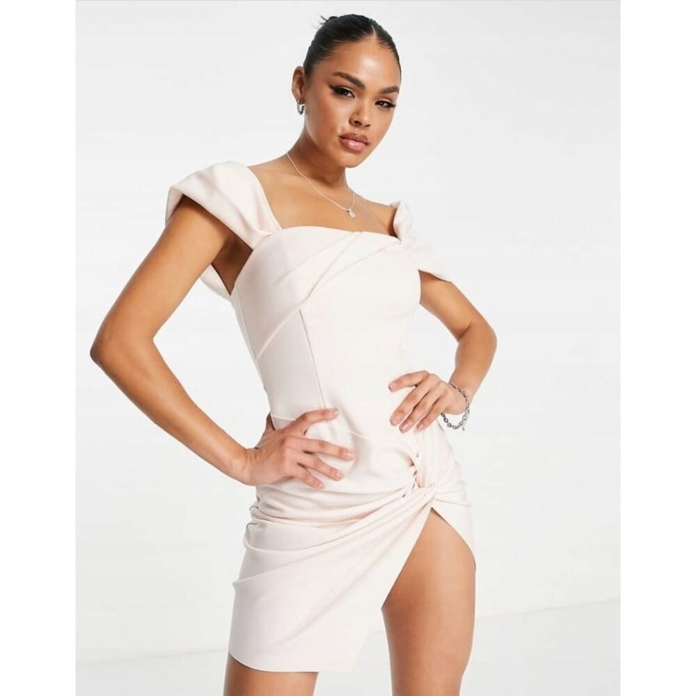 Asos Design Petite Twist Fallen Shoulder Ruched Mini Dress Pink Size 8P